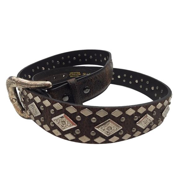 Ariat Dark Brown Leather Belt 38/95 Diamond Silver Tone Stud Tooled Buckle - Picture 4 of 13